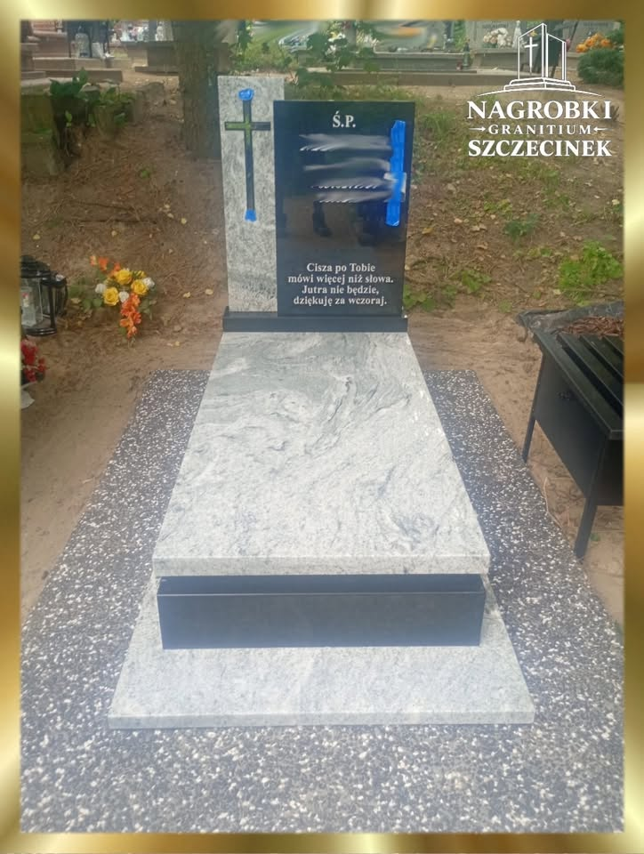 Nagrobek z granitów Viscount White i India Black