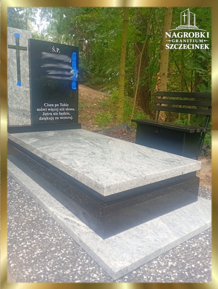 Nagrobek Viscount White i India Black oraz ławka, widok z boku